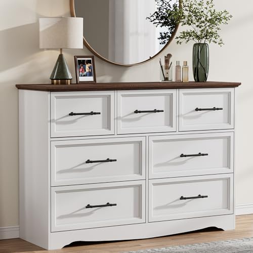 White Dresser for Bedroom, Modern 7 Chest of Drawers, 47" Wide Chest of Drawers w/Brushed Metal Handle, Wood Closet Organizers and Storage Cabinet for Bedroom, Living Room, Hallway - color: White, size: 15.7"D x 47.2"W x 33.4"H (7 Drawers)
