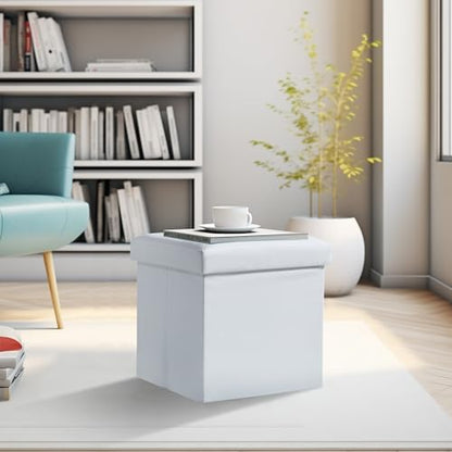 VECELO Storage Ottoman, Footrest Footstool, Folding Ottoman Small Square Cube Storage Chest for Living Room Utility Room Entryway, Holds up to 250 lb, 15 x 15 x 15 inches, White