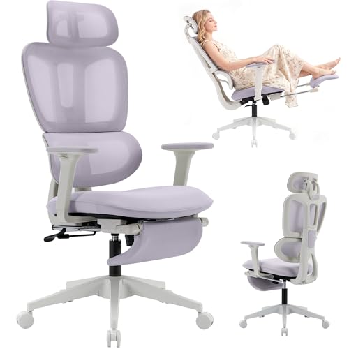 Ergonomic Office Chair with Footrest, 90-135° Reclining High Back Desk Chair with Lumbar Support, 2D Headrest, 2D Armrests, Computer Chair for Long Hours, Purple - color: Purple