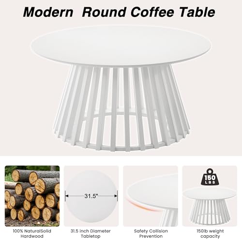 HNY White Round Coffee Table, Wood 31.5" Center Table for Living Room | Modern Mid Century Circle Coffee Table with Fluted Base for Outdoor Patio, Home Small Space, Bedroom, Apartment, Studio - color: White