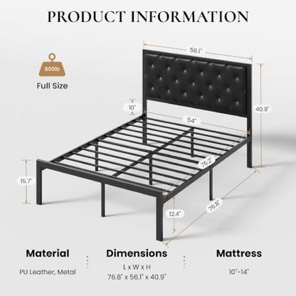 SHA CERLIN Full Size Metal Bed Frame with PU Tufted Headboard, Black | Modern Design Heavy-Duty Platform Bed, No Box Spring Need, PU Leather Upholstery, Noise Free, Easy Assembly - color: Black, size: Full