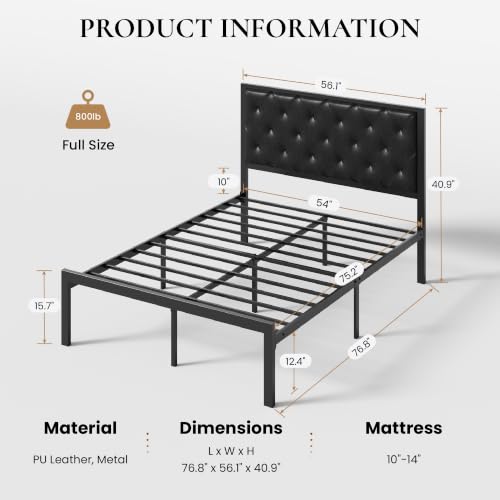 SHA CERLIN Full Size Metal Bed Frame with PU Tufted Headboard, Black | Modern Design Heavy-Duty Platform Bed, No Box Spring Need, PU Leather Upholstery, Noise Free, Easy Assembly - color: Black, size: Full