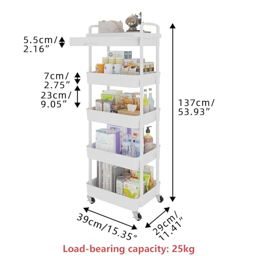 Calmootey 5-Tier Rolling Utility Cart with Drawer,Multifunctional Storage Organizer with Plastic Shelf & Metal Wheels,Storage Cart for Kitchen,Bathroom,Living Room,Office,White | Space-Saving Organizer, Sturdy Plastic Shelves, Smooth-Rolling Metal Wheels,