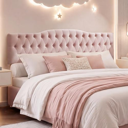 Iroomy Upholstered Full Headboard, Button Diamond Tufted Headboard with Adjustable Height and Solid Wood Leg, Velvet Padded Headboards for Full Size Bed, Modern Head Board, Pink - color: Pink, size: Full