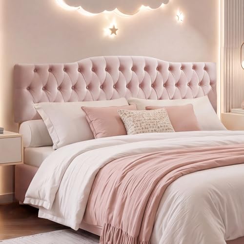 Iroomy Upholstered Queen Headboard, Button Diamond Tufted Headboard with Adjustable Height and Solid Wood Leg, Velvet Padded Headboards for Queen Size Bed, Modern Head Board, Pink - color: Pink, size: Queen