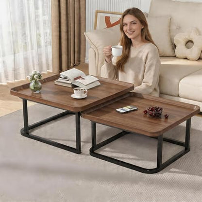 Nesting Coffee Table Set of 2 – Square Small Coffee Tables for Living Room, Bedroom, Balcony, Versatile End Table Set,Space Saving Mid Century Modern Nesting Coffee Tables Stackable, - color: Walnut
