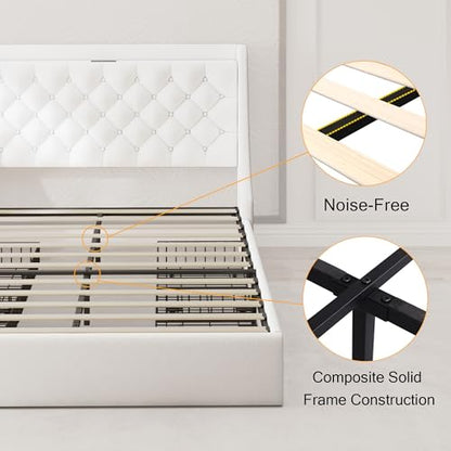 Einhomn Queen Bed Frame with 4 Storage Drawers, Upholstered Bed Frame with Large Wingback Headboard, Charging Station, No Box Spring Needed, White - color: White, size: Queen