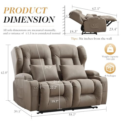 Loveseat Recliner Sofa,RV Wall Hugger Recliners for Small Spaces,Reclining Loveseat Sofa Recliner with Cup Holders/Lumbar Pillows,RV Furniture (Khaki, 56" 2-Seater) - color: Khaki, size: 56" 2-Seater