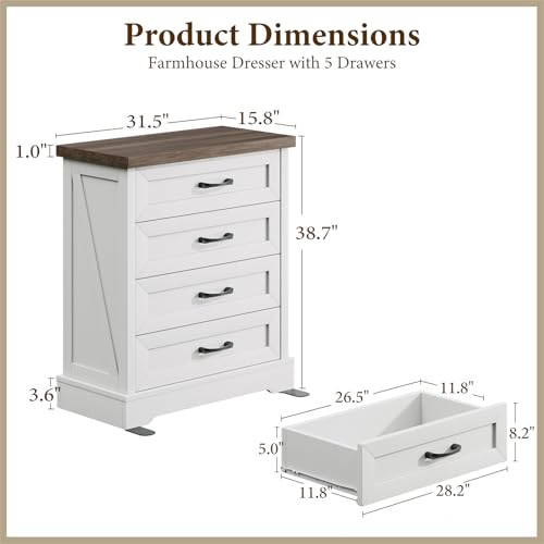 AODK 39" Tall Farmhouse 4 Drawer Dresser for Bedroom, Walnut & White | Engineered Wood, Chest of Drawers with Metal Handle, Modern Storage Cabinet and Organizers for Closet, Living Room, Entryway
