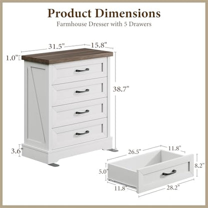 AODK 39" Tall Farmhouse 4 Drawer Dresser for Bedroom, Walnut & White | Engineered Wood, Chest of Drawers with Metal Handle, Modern Storage Cabinet and Organizers for Closet, Living Room, Entryway