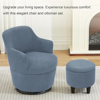 LOULENS Swivel Accent Chair with Storage Ottoman, Blue | Linen, Small, Barrel, Reading Chair, Comfy Single Sofa, Armchair, For Living Room, Bedroom - color: Blue