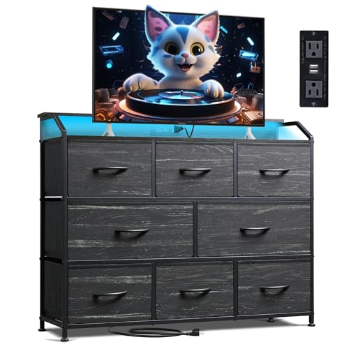 WLIVE Dresser for Bedroom, 8 Drawer LED Dresser, Black Wood Grain | 8 roomy fabric drawers, LED ambient lighting, Built-in power outlet, Bedroom or living room, Chest of drawers - color: Charcoal Black Wood Grain Print, style: 8 Drawers with LED