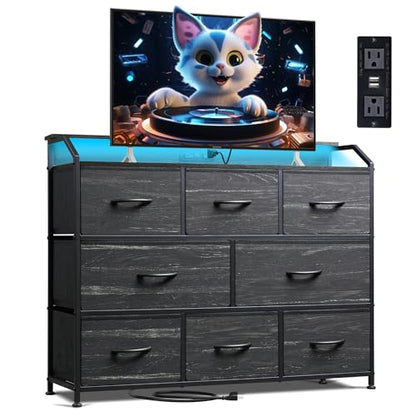 WLIVE Dresser for Bedroom, 8 Drawer LED Dresser, Black Wood Grain | 8 roomy fabric drawers, LED ambient lighting, Built-in power outlet, Bedroom or living room, Chest of drawers - color: Charcoal Black Wood Grain Print, style: 8 Drawers with LED
