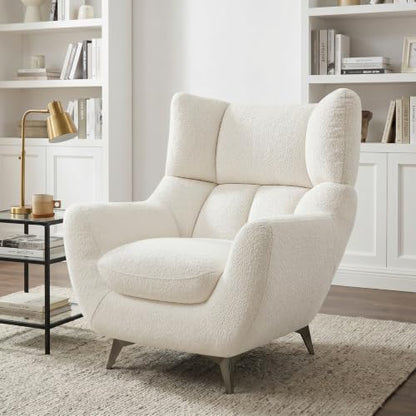 34.6" Oversized Accent Chair with WingBack, Teddy Boucle White | High Back, Wide Armrests, Metal Legs, Cozy Deep Seat Armchair , Reading Chair for Living Room, Bedroom, Apartment, Office - color: White, size: Set of 1
