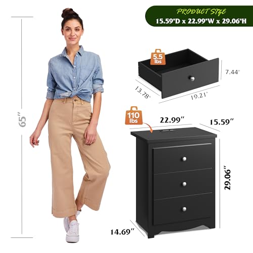 WLIVE Tall Nightstand with Charging Station, Wood Bedside Table, Black | 3 Drawers Storage, Power Outlets(2AC+2USB), Easy Assembly, Premium Eco-friendly Wood, Black Night Stand for Bedroom - color: Black