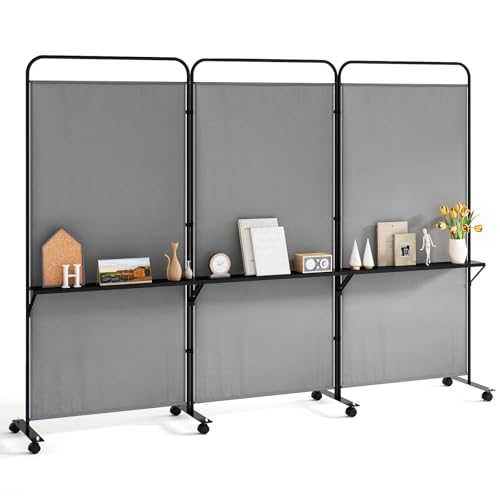 Giantex 3 Panel Room Divider with Wheels and Shelves, 103" W x 74" H Folding Privacy Screen, Rolling Partition Separator for Home Office Studio, Fabric Wall Divider for Room Separation (Gray) - color: Grey