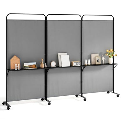 Giantex 3 Panel Room Divider with Wheels and Shelves, 103" W x 74" H Folding Privacy Screen, Rolling Partition Separator for Home Office Studio, Fabric Wall Divider for Room Separation (Gray) - color: Grey