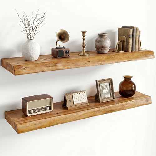 Dreamland Rustic Elm Woood Floating Shelves for Wall Decor, Live Edge 32" W x 8" D Floating Shelves Set of 2, Wall Mounted Deep Wooden Shelf for Living Room, Bedroom, Kitchen, Bathroom, Natural - color: Natural, size: Live Edge - 32"L