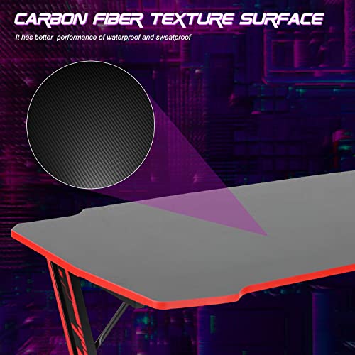 BestOffice | 47" Gaming Table | Red | Z-Shaped Computer Desk | with Steel Frame, Headphone Hook, Adjustable Feet | Carbon Fiber Texture| Easy to Clean | for Gaming, Home Office - color: Red, size: 47 Inch Z Shaped