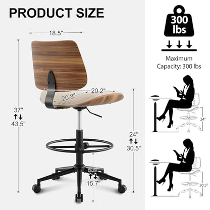 Drafting Chair with Adjustable Footrest, Rolling Walnut Stool, Beige | Armless Tall Swivel Stool for Standing Desk, PU Leather Curved Bentwood, Rolling for Office & Art Studio, 300LBS Capacity - color: Beige