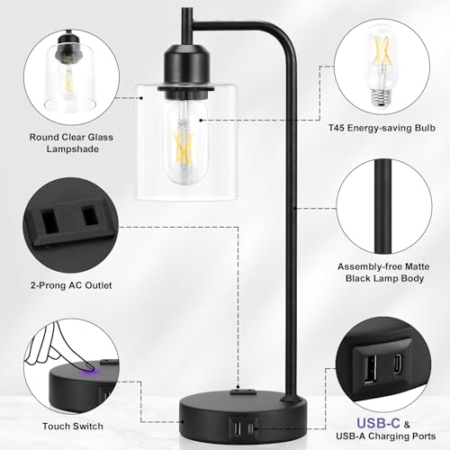 Industrial Touch Lamps for Nightstand Set of 2, 3-Way Dimmable Bedside Lamp | Glass Shade, USB C+A Charging Port & Outlet, Black Desk Lamps for Bedroom, Living Room, Home Office, Reading - color: A-Clear