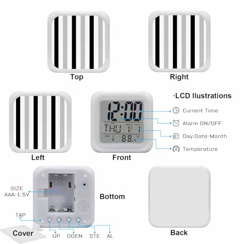 Digital Alarm Clocks for Bedroom,Abstract Stripes Geometric Cube Alarm Clock with Snooze and Nightlight Gray Black White Lines Silent Office Desk Clock Time/Date/Temperature Display - color: Black