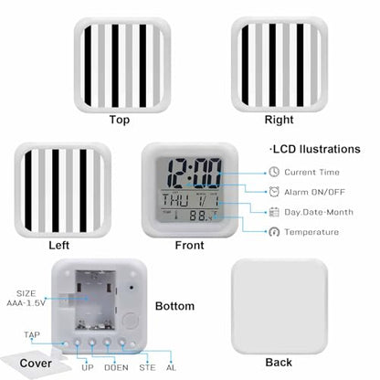 Digital Alarm Clocks for Bedroom,Abstract Stripes Geometric Cube Alarm Clock with Snooze and Nightlight Gray Black White Lines Silent Office Desk Clock Time/Date/Temperature Display - color: Black