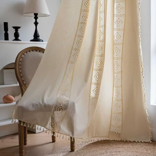 Deeprove Boho Living Room Curtains, Boho Window Curtains for Bedroom Blackout, Semi Sheer Crochet Cream Cotton Drape with Macrame Tassels, Rod Pocket Farmhouse Chic Decor 1 Panel 59" W x 84" L, Beige - color: Cream & Beige, size: 59"W x 84"L (Pack of 1)