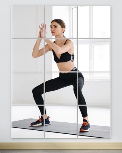 Home Gym Mirrors 12 Inch x 12Pcs Full Length Mirror Tiles Acrylic Unbreakable Wall Mounted Mirror Frameless Full Length for Home Gym, Bedroom, Door - size: 12x12Inchx12Pack