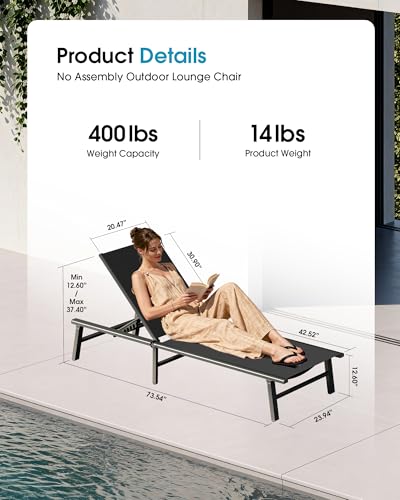 Foldable Outdoor Lounge Chair Set of 4, No Assembly Aluminum Chaise Lounge Outdoor with 5-Positions, Aluminum Pool Lounge Chairs with Portable Design for Poolside, Beach, Deck, Patio, Black - color: Black-upgraded, size: 4 Packs