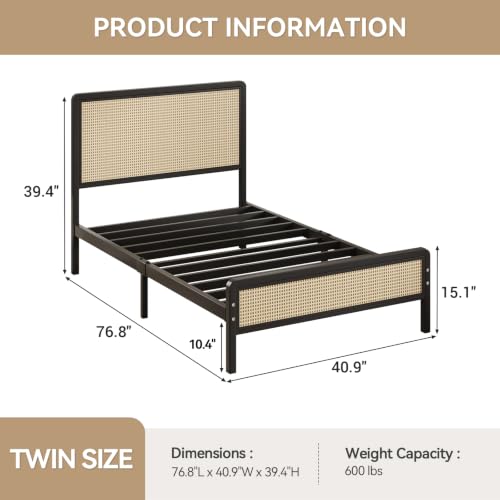 IMMERSTABLE Rattan Twin Bed Frame with Headboard, Boho Twin Metal Platform Bed Frame with Steel Slats, Under Bed Storage, Rounded Corners, No Box Spring Needed, Quiet Design, Easy Assembly, Black - color: Black, size: Twin