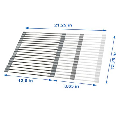 CHIRISEN Expandable Large Roll Up Dish Drying Rack, Foldable Over The Sink Dish Drying Rack, Rolling Dish Drainer Stainless Steel Roll Rack for Kitchen Sink Counter (Gray, 21.25x12.79in)