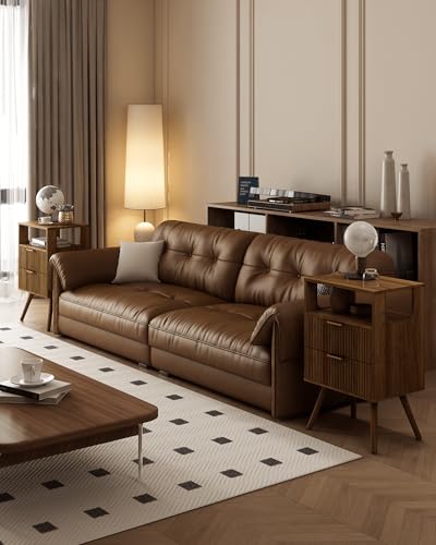 Leomonio Nightstand, Modern Night Stand with 2 Storage Drawer and Opening Storage, Fluted Bedside Table with Solid Wood Legs for Bedroom - color: Walnut Brown