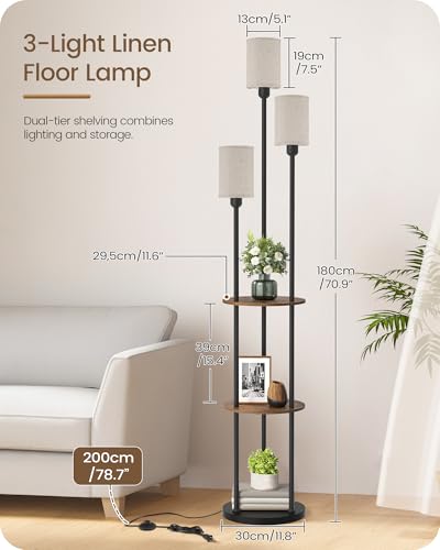 70.9" Floor Lamp with Shelves, Modern Floor Lamp with 3 Linen Shades and Foot Switch, 3-Light Standing Lamp, for Living Room, Bedroom, Study, Office, Rustic Brown and Beige EF53LD05 - color: Rustic Brown + Beige