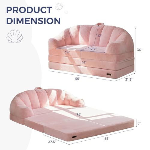 MAXYOYO Folding Sofa Bed, 2 in 1 Convertible Sofa to Lounger | Comfy Loveseat Bean Bag Chair for Adults, Floor Couch with Handle, Faux Fur Couch Bed for Living Room Bedroom, Pink - color: Pink, size: Loveseat