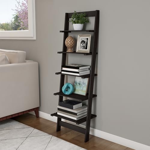 Lavish Home 5-Tier Ladder Shelf – 50" Narrow Leaning Wood Bookcase for Small Spaces, Decorative Storage in Living Room, Office, or Bathroom – Black Modern Display Shelf