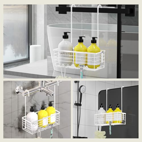 DELLAN Hanging Shower Caddy, Shower Rack Hanging for Bathroom, White | Shower Rack with Hooks Over the Door, Bathroom Shower Caddy and Basket - color: White, size: 11"D x 4.7"W x 3.9"H