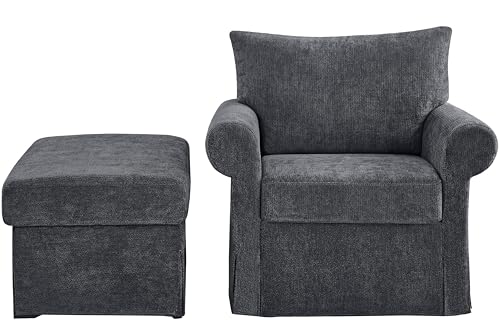 Eafurn Modern Chenille Accent Chair with Ottoman for Small Space, Comfy Upholstered Reading Chairs Lounge Armchair with Foot Rest, Sturdy Solid Wood Frame for Living Room - color: Gray 37.5"