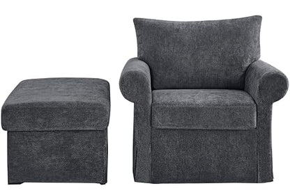 Eafurn Modern Chenille Accent Chair with Ottoman for Small Space, Comfy Upholstered Reading Chairs Lounge Armchair with Foot Rest, Sturdy Solid Wood Frame for Living Room - color: Gray 37.5"