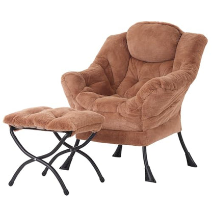 Welnow Lazy Chair with Ottoman, Reading Chair with Footrest, Plush Brown | A Side Pocket,Armrests,Foldable Footrest,Thick Cushioned Seat & Backrest, Lounge Chair for Bedroom,Living Room & Small Space - color: Plush Brown