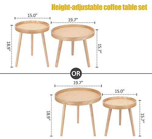 Round Coffee Table Set of 2, Natural Boho Coffee Tables, Small Mid Century Modern Rattan Coffee Table, Boho Side Table End Tables for Living Room Bedroom Office - color: Natural Walnut - Set