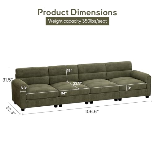 Bonzy Home 4 Seater Couch for Living Room, 106.6 inch Comfy Green Corduroy Sectional Couches with Overstuffed Cushion and Rolled Arms, Modern Sofa for Bedroom, Apartment - color: Green, size: 4-seater