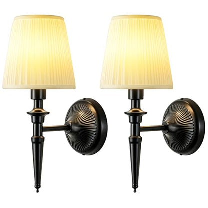 Battery Operated Wall Sconces Set of 2, Wireless Rechargeable Wall Lights with 12 RGB Colors and 3CCT Dimmable, Small Fabric LED Wall Lamps for Bedroom, Living Room, Hallway, Black - color: Black