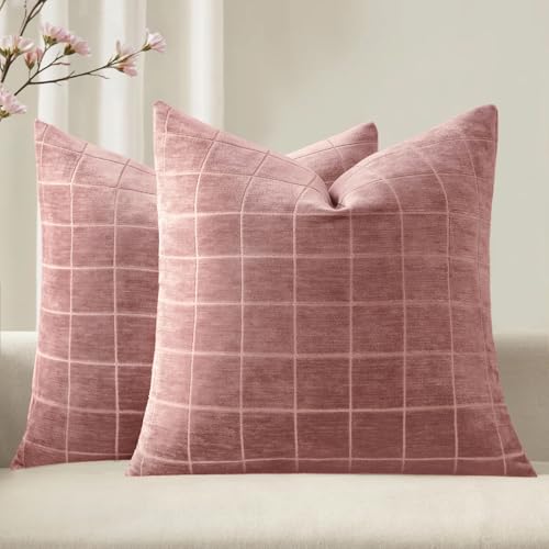 MIULEE Blush Pink Plaid Decorative Throw Pillow Covers 18x18 Set of 2 | Vintage, Check Chenille Couch Pillows, Neutral Boho Farmhouse Cushion Covers, Modern Home Decor for Sofa Bed Living Room - color: Blush Pink, size: 18" x 18" (Pack of 2)