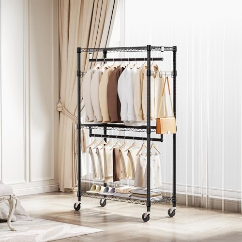 M MZG Heavy Duty Rolling Garment Rack 3 Tiers Adjustable Wire Shelving Clothes Rack with 2 Rods and Side Hooks,Storage Closet Clothing Rack with Wheels Black 15.7" D x 29.5" W x 74.5" H - color: Black, size: 3 Tier with 2 rod, 15.7"D x 29.5"W x 74.5"H