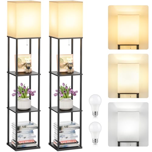 Coucrek 2-Pack Floor Lamp with Shelves, 3-Tier Standing Shelf Lamp | 3CCT 950LM Bright Bulb Included, Storage Bookshelf Tall Lamps for Living Room Bedroom Office - color: Black
