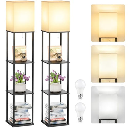 Coucrek 2-Pack Floor Lamp with Shelves, 3-Tier Standing Shelf Lamp | 3CCT 950LM Bright Bulb Included, Storage Bookshelf Tall Lamps for Living Room Bedroom Office - color: Black
