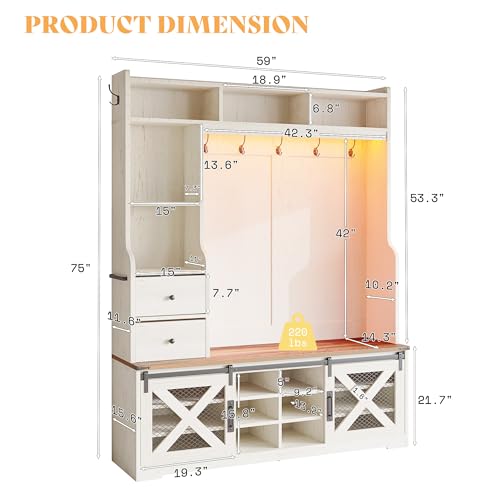 AMERLIFE 75" 7-in-1 Farmhouse Hall Tree with Shoe Bench & LED, Rustic White | 7-in-1 Design, 16-Color RGB LED Lights, Barn Door Cabinet, 12 Shoe Cubbies, 2 Drawers, Adjustable Shelves, Coat Racks - color: Rustic White