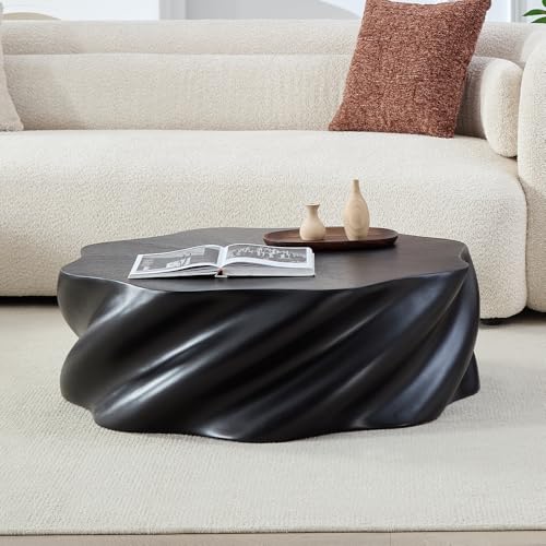 35.43" Coffee Table with Flower Shaped, Modern Drum Center Table Fiberglass Faux Stone Tea Table for Living Room Apartment, No Assembly (Black) - color: 35.43" Coffee Table With Flower Shaped,black