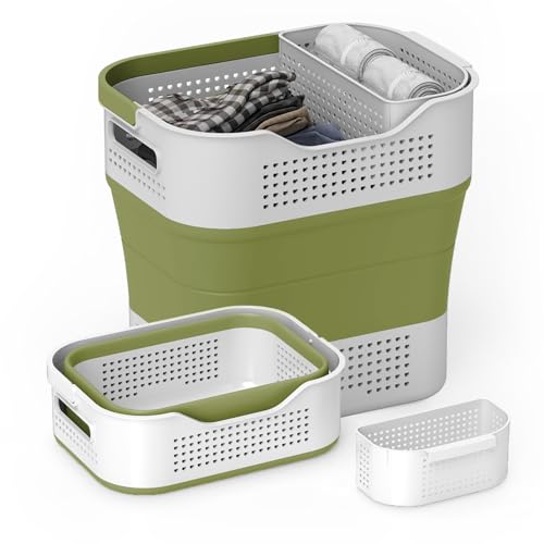 TECHMILLY Collapsible Plastic Laundry Basket Hamper with Handles, 35L Portable Rubber Clothes Basket, Pop Up Storage Container/Organizer with Hanging basket for Washing & Storage, Green - color: Green, size: 35L